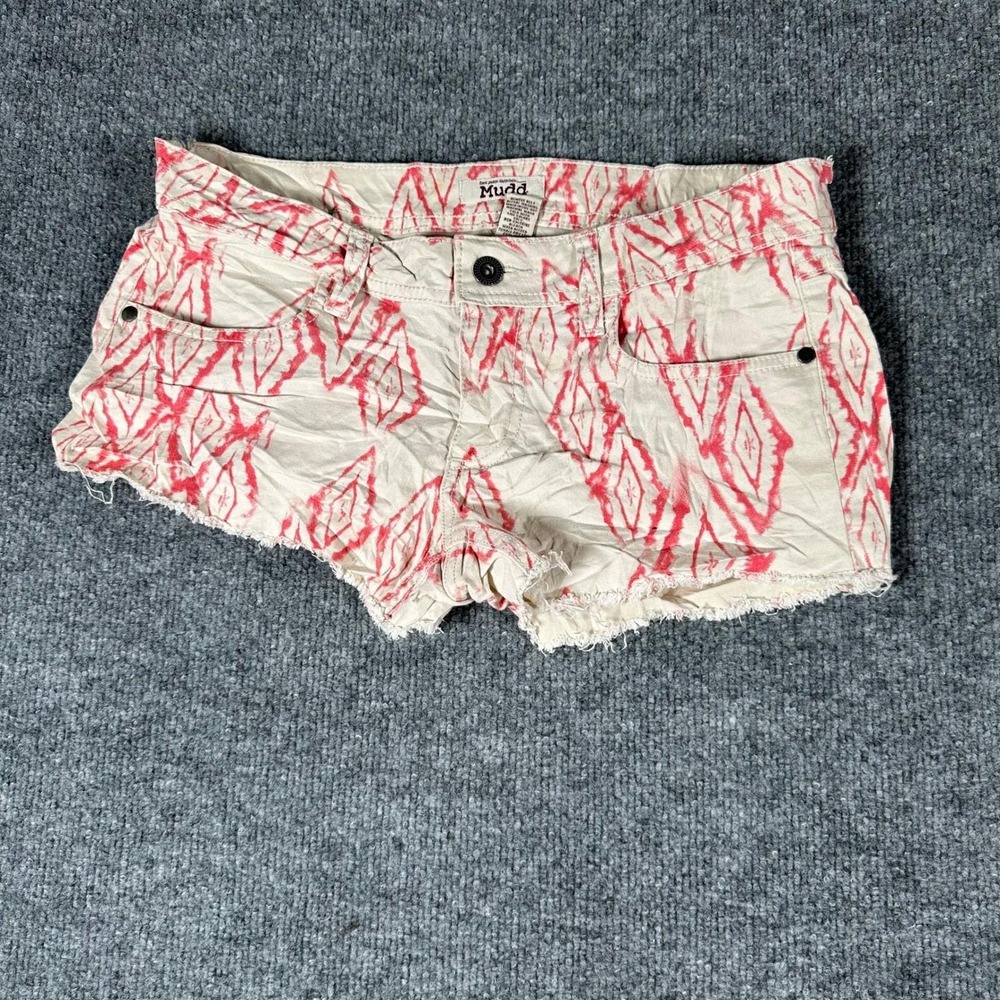 Mudd Shorts Womens Size 7 Tan Red Ikat Diamond Print Raw Hem Boho Festival